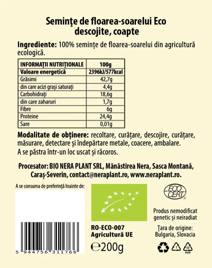 Seminte de floarea-soarelui ECO descojite si coapte 200g - imagine 2